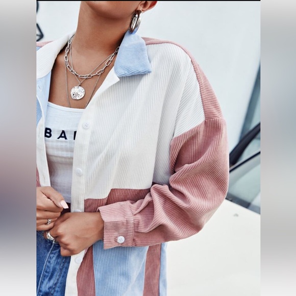 Red and Blue Colorblock Button Up/Shacket - Picture 6 of 10